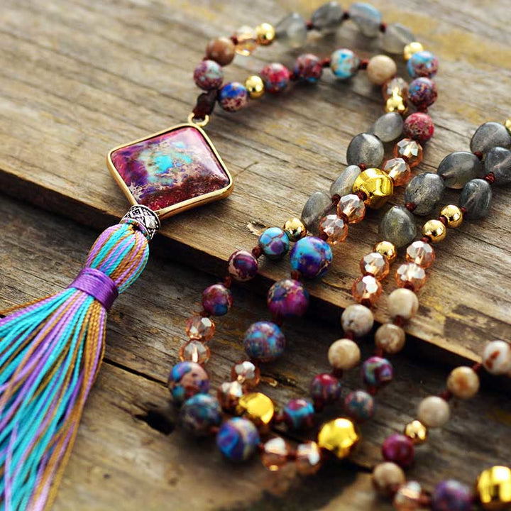 Olivenorma Mala Beads Natural Stone Chakra Tassel Necklace - image 3