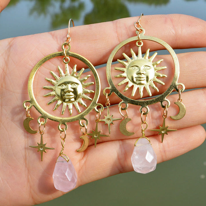 Olivenorma Natural Raindrop Crystal Gold Sun Moon Star Earrings - Rose Quartz - image 3