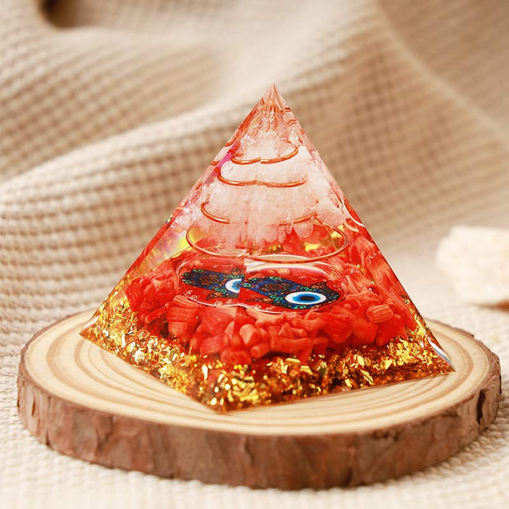 Olivenorma Clear Quartz With Red Coral Hamsa & Evil Eye Orgone Pyramid - image 3