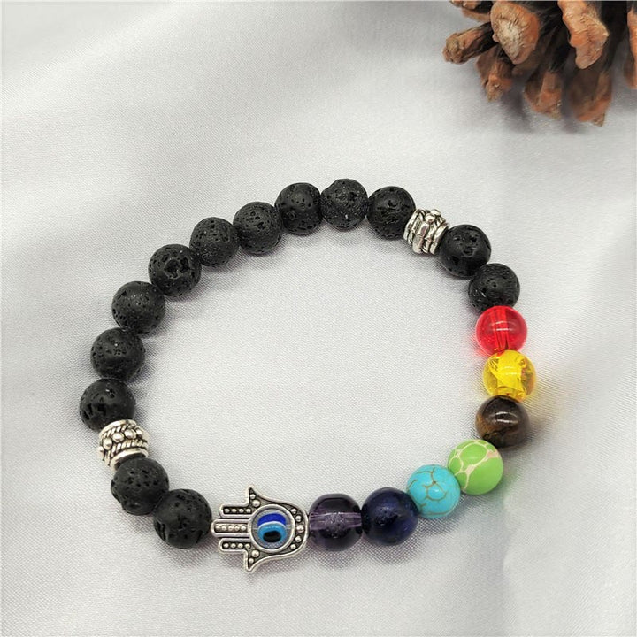 Olivenorma Colorful Chakra Evil Eye Hamsa Beaded Bracelet - Lava Stone - image 8