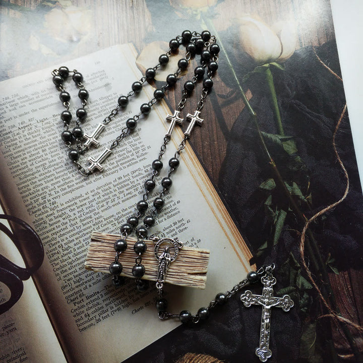 Olivenorma Hematite Jesus Medal Cross Rosary Necklace - image 2