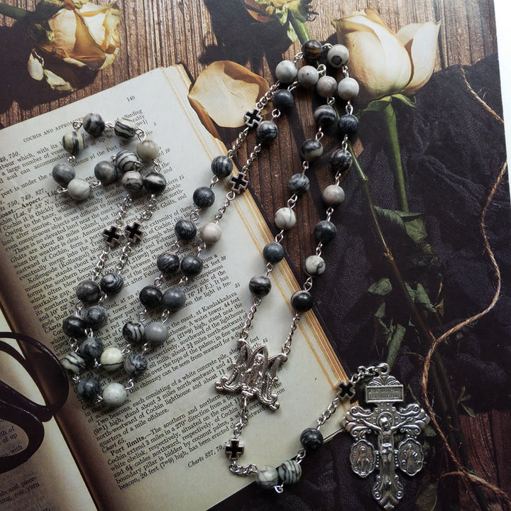 Olivenorma Black Network Agate Holy Mother Cross Rosary Necklace - image 5
