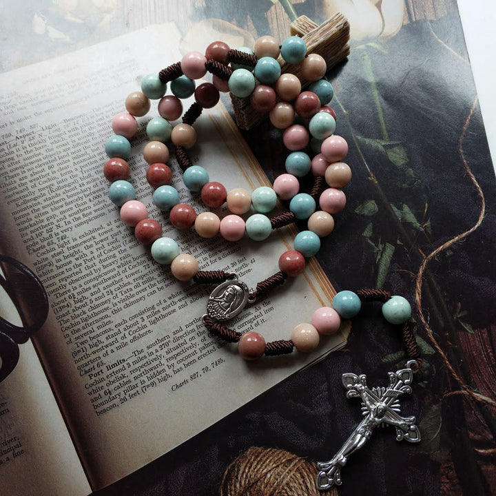 Olivenorma Color Beads Rosary Mary Medal Cross Necklace - Sandstone&Rose Quartz&Emperor Stone - image 0
