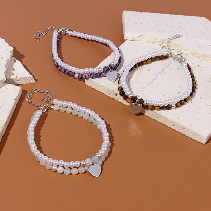 Olivenorma Faceted Stone Pearl Heart Charm Double Layer Bracelet - image 18