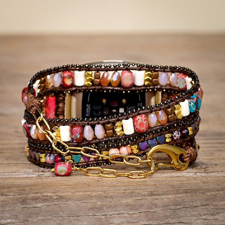 Olivenorma 3Layer Red Stone Beaded Handwoven Fitbit Watch Strap - image 1