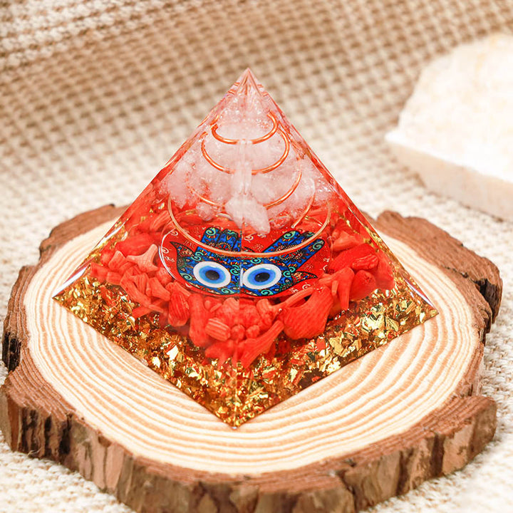 Olivenorma Clear Quartz With Red Coral Hamsa & Evil Eye Orgone Pyramid - image 1