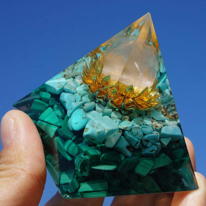 Clear Crystal Turquoise Malachite Lotus Symbol Orgone Pyramid - image 5