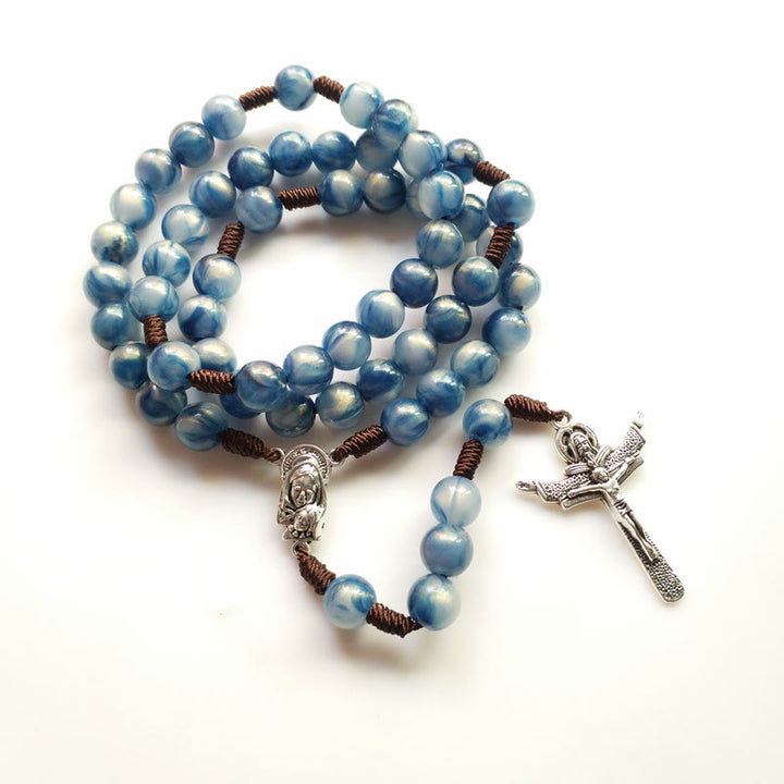 Olivenorma Blue Cat's Eye Stone Jesus Cross Rosary Necklace - image 4