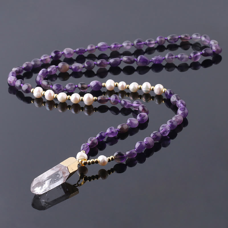Olivenorma Irregular Crystal Column Pendant Long Necklace - Amethyst&Freshwater Pearl - image 9