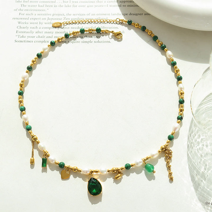 Olivenorma Emerald Pearl Beaded Non Fading Gold Necklace - image 7