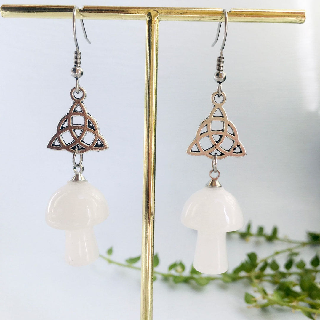 Olivenorma Natural Crystal Stone Cute Mushroom Shape Stud Earrings - White Jade - image 2