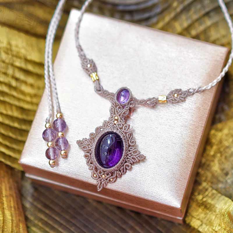 Olivenorma Amethyst Charoite Handwoven Guardian Bracelet Necklace - Amethyst&Brown Braided Rope Necklace - image 1