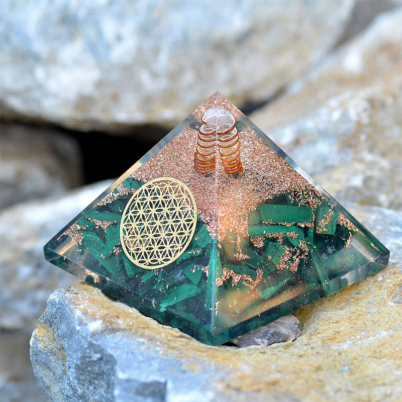 Olivenorma Malachite Flower Of Life Symbol Orgone Pyramid - Clear Crystal&Malachite - YES PLEASE $8 - image 0