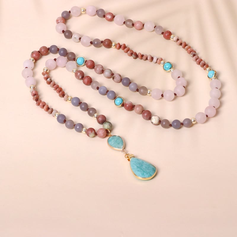 Natural Rose Quartz Mala Prayer Arrowhead Pendant Necklace - Amazonite Pendant - image 6