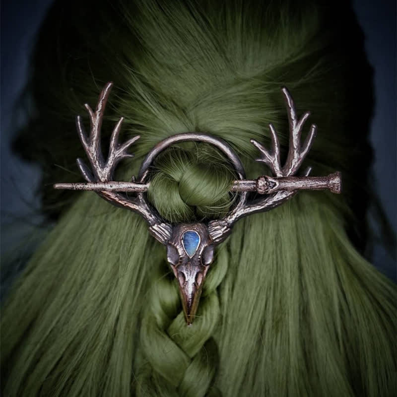 Olivenorma Delicate Moonstone Raven Skull Antler Hairpin - image 2