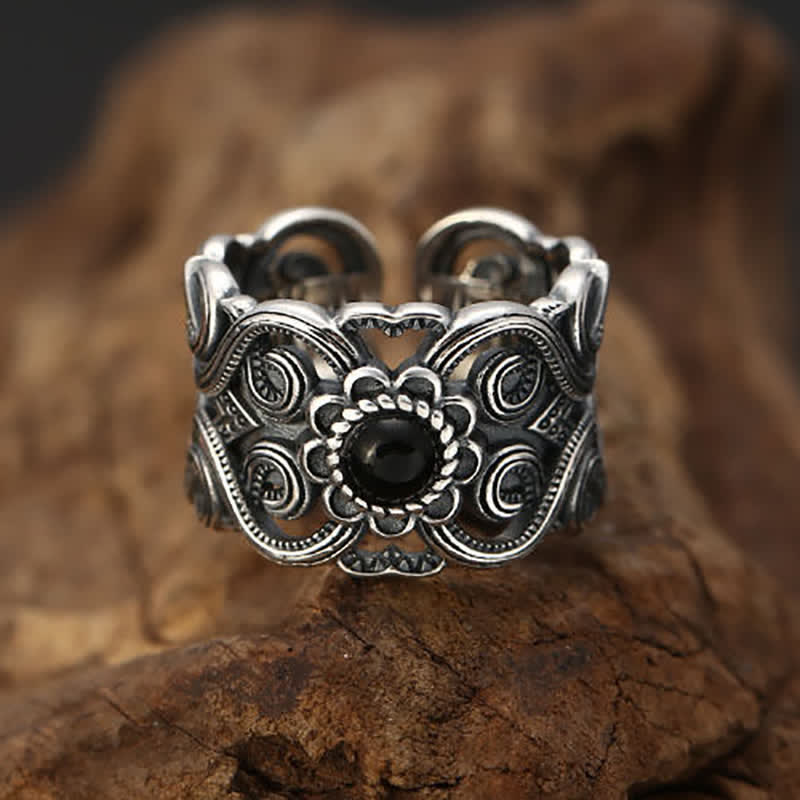 Olivenorma Ethnic Black Onyx Pattern Adjustable Ring - image 2
