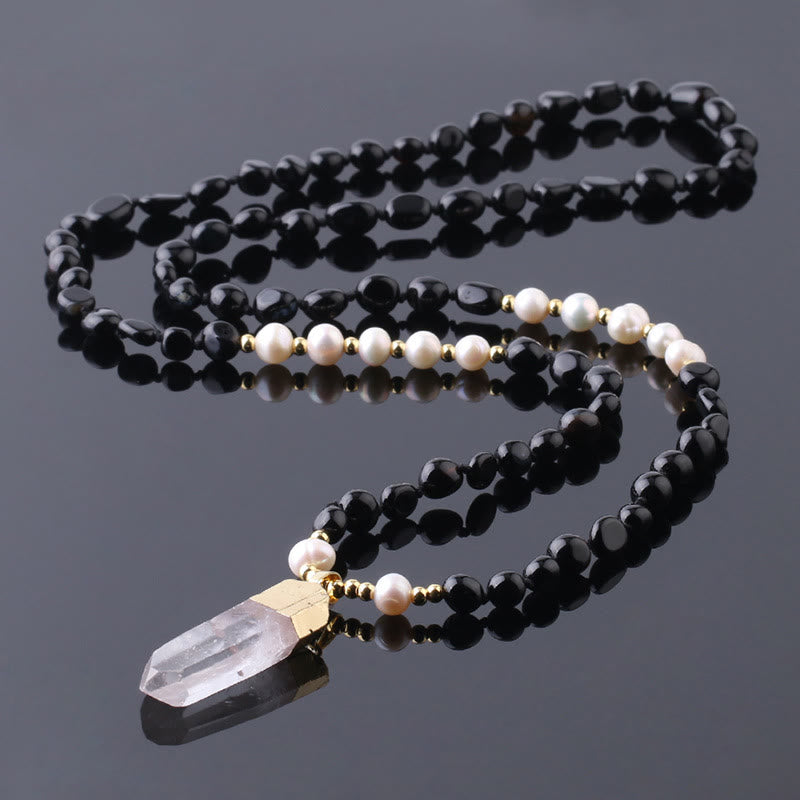 Olivenorma Irregular Crystal Column Pendant Long Necklace - Black Tourmaline&Freshwater Pearl - image 7
