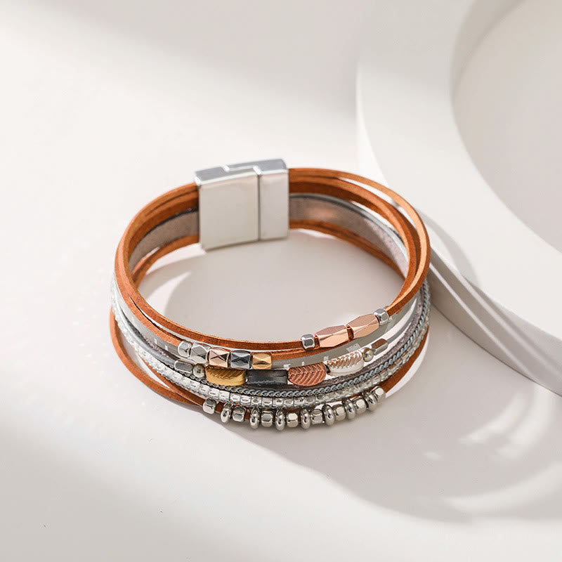 Olivenorma Hematite White Zircon Leaf Tiered Leather Bracelet - image 9