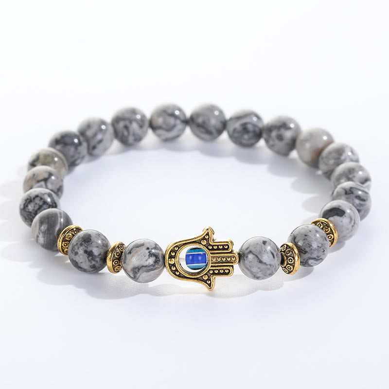 Olivenorma Natural Crystal Stone Beaded Evil Eye Hamsa Bracelet - Grey Jasper - image 13