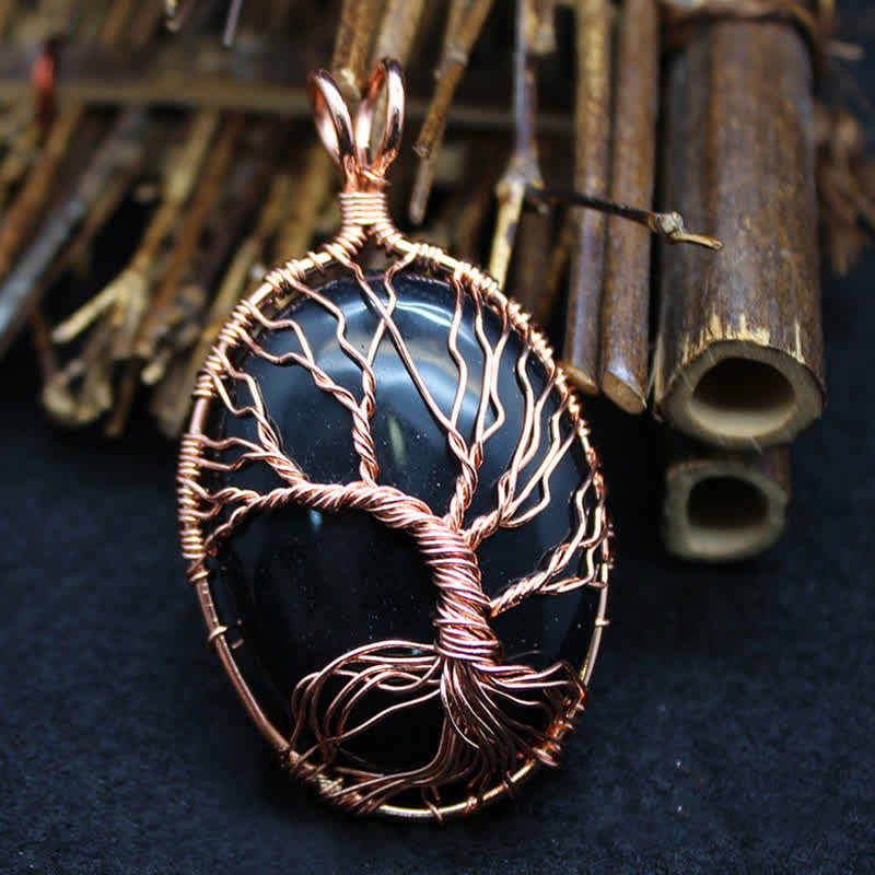 Olivenorma Oval Tiger Eye Tree Of Life Gemstone Necklace - Obsidian - image 18