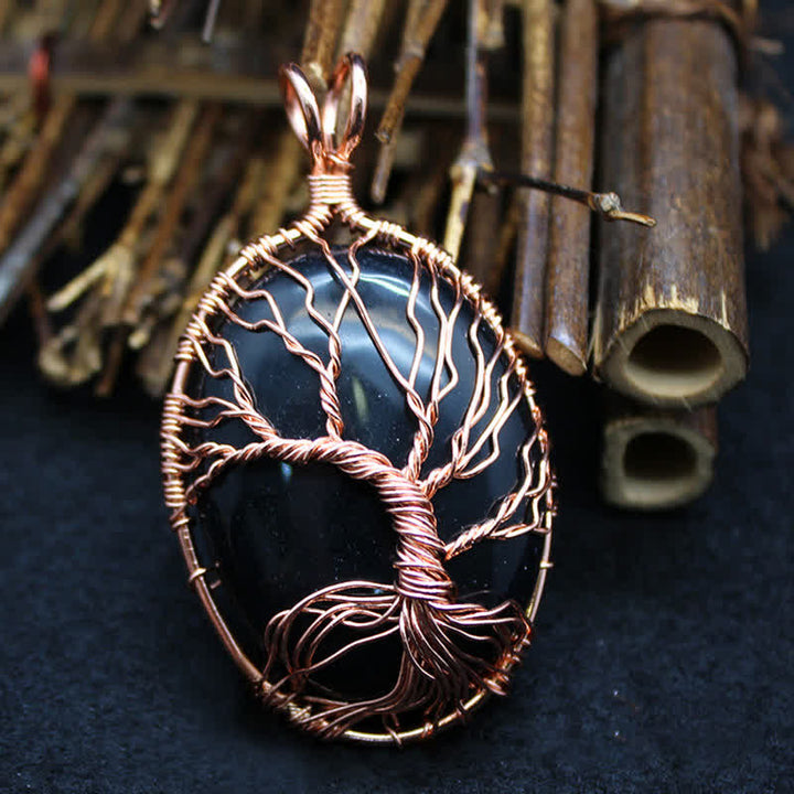 Olivenorma Oval Tiger Eye Tree Of Life Gemstone Necklace - Obsidian - image 18