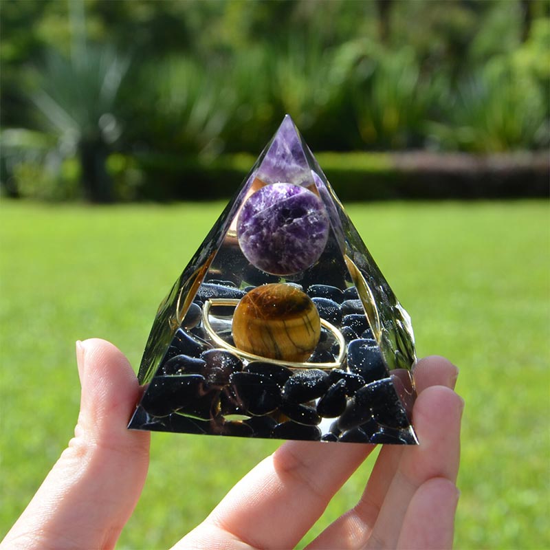 Amethyst Sphere With Obsidian Tiger Eye Orgone Pyramid - image 4