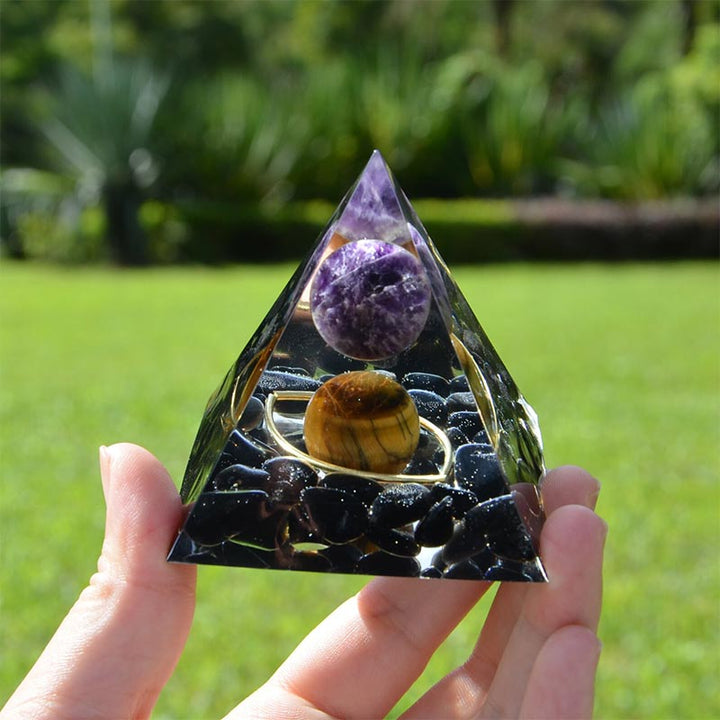 Amethyst Sphere With Obsidian Tiger Eye Orgone Pyramid - image 4