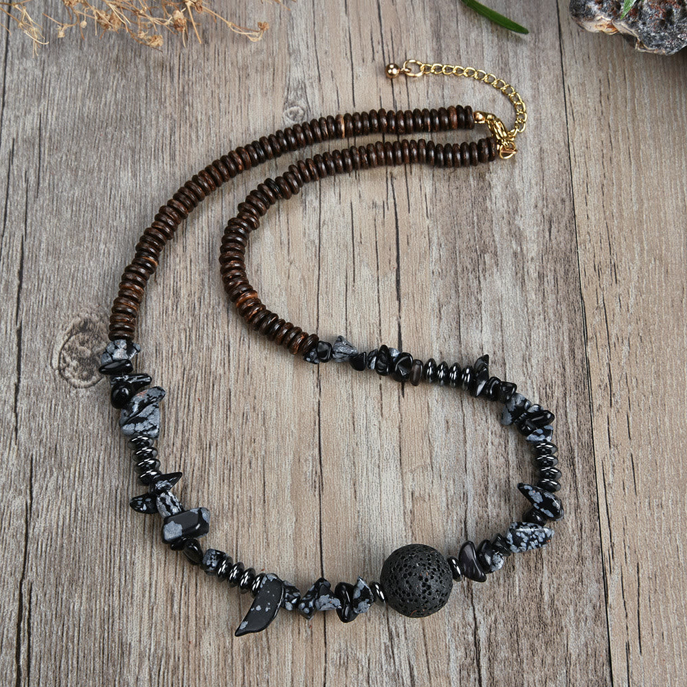 Olivenorma Natural Stone Beaded Ball Pendant Necklace - Snowflake Obsidian&Hematite - image 9