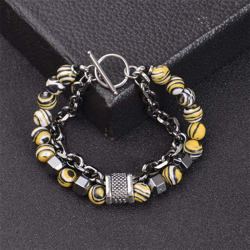 Olivenorma 8mm Malachite Stone Titanium Chain Bracelet - Black Yellow - image 6