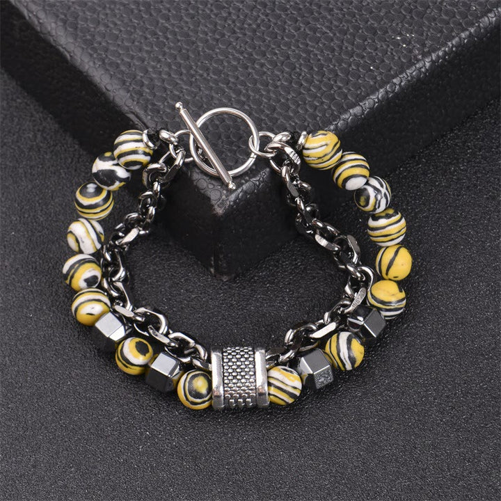 Olivenorma 8mm Malachite Stone Titanium Chain Bracelet - Black Yellow - image 6