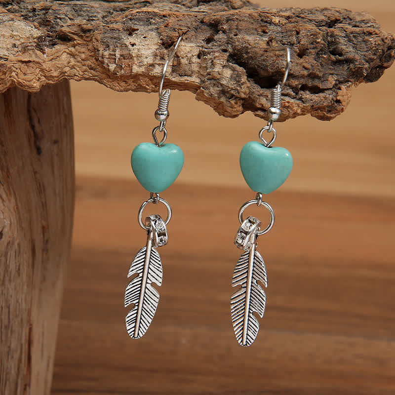 Vintage Heart Turquoise Feather Earrings - Turquoise - image 0