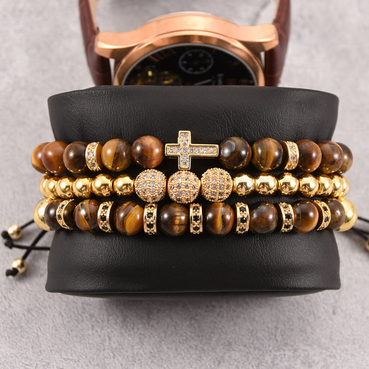 Olivenorma 3Pcs/Set Tiger Eye Stone Beaded Men Cross Bracelet - Gold - Tiger Eye - image 4