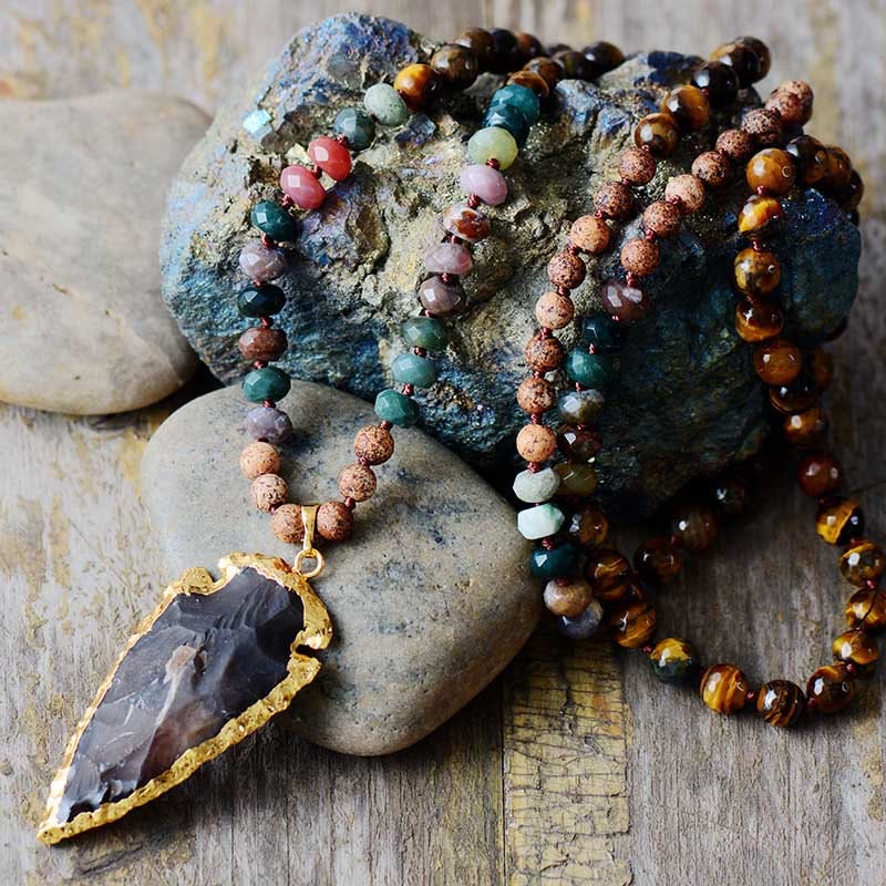 Olivenorma Tiger Eye Obsidian Stone Arrowhead Pendant Mala Necklace - image 1