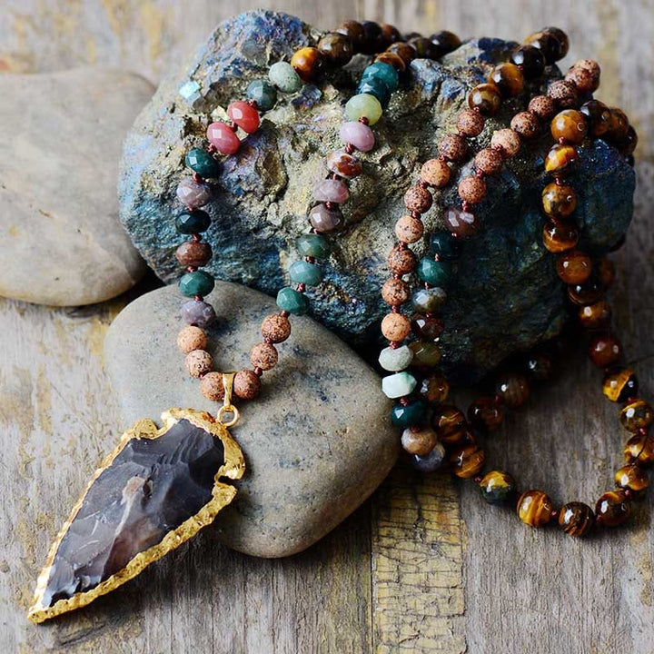 Olivenorma Tiger Eye Obsidian Stone Arrowhead Pendant Mala Necklace - image 1