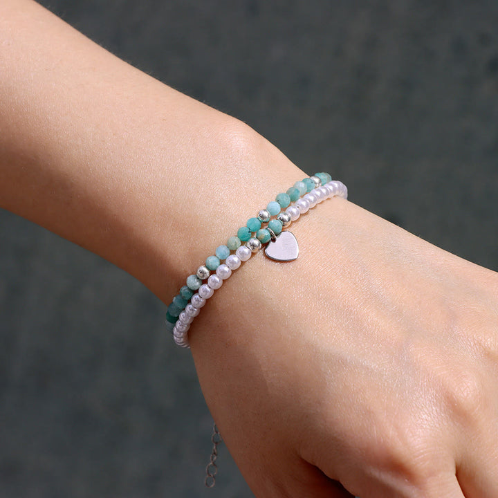 Olivenorma Faceted Stone Pearl Heart Charm Double Layer Bracelet - image 9