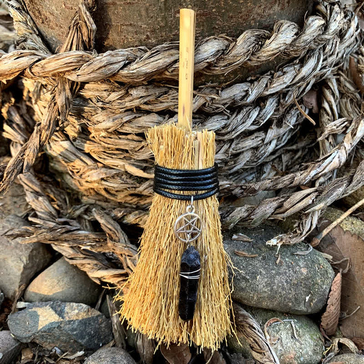 Olivenorma Handmade Mini Broom Crystal Ornamet - Pentagram & Obsidian - image 3