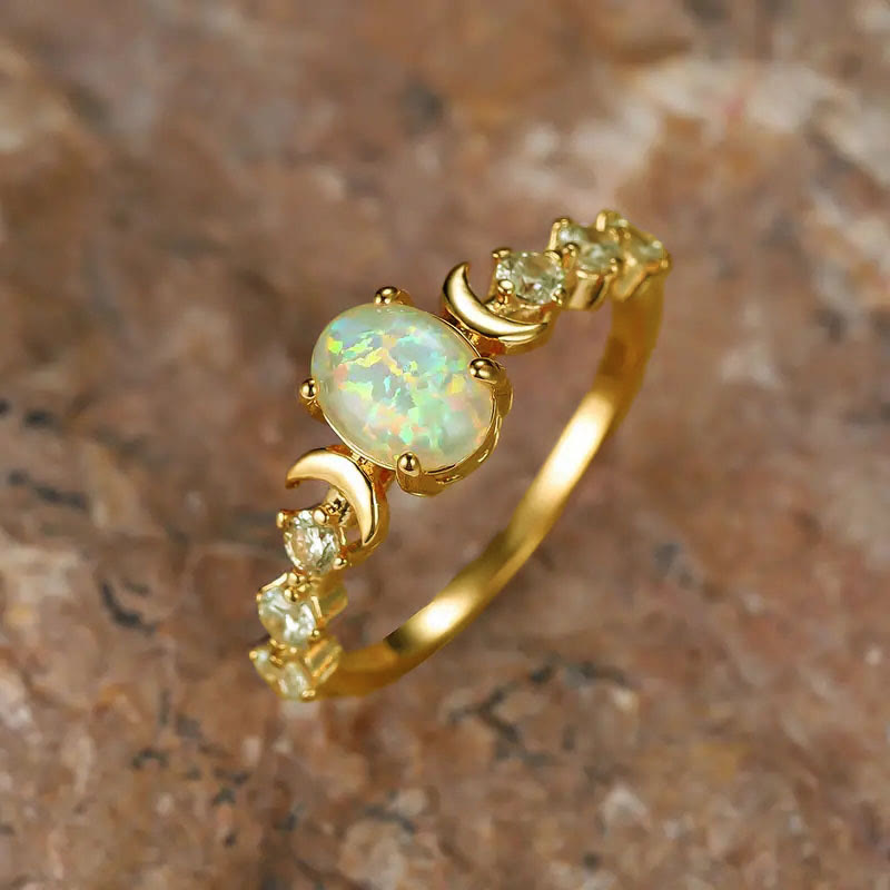 Olivenorma "Stone of Purification"- Crecent Moon Phases Opal Ring - White Opal#Gold - 11 - image 2