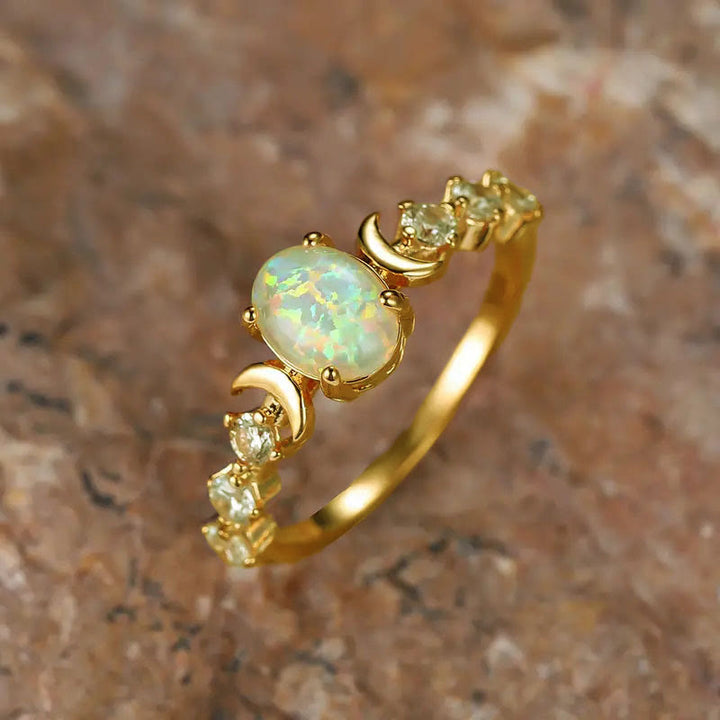 Olivenorma "Stone of Purification"- Crecent Moon Phases Opal Ring - White Opal#Gold - 11 - image 2