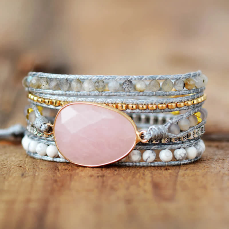 Olivenorma Delicate Rose Quartz & White Turquoise Hand-knitted Wrap Bracelet - Rose Quartz & White Turquoise - image 0