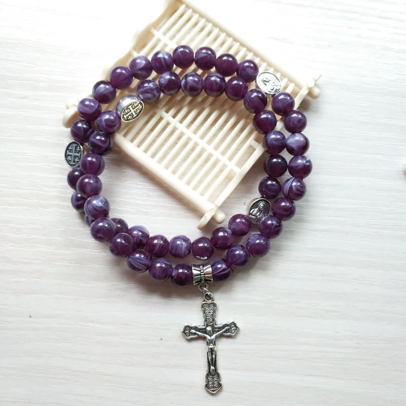 Olivenorma Amethyst Cross Pendant Rosary Bracelet - image 4