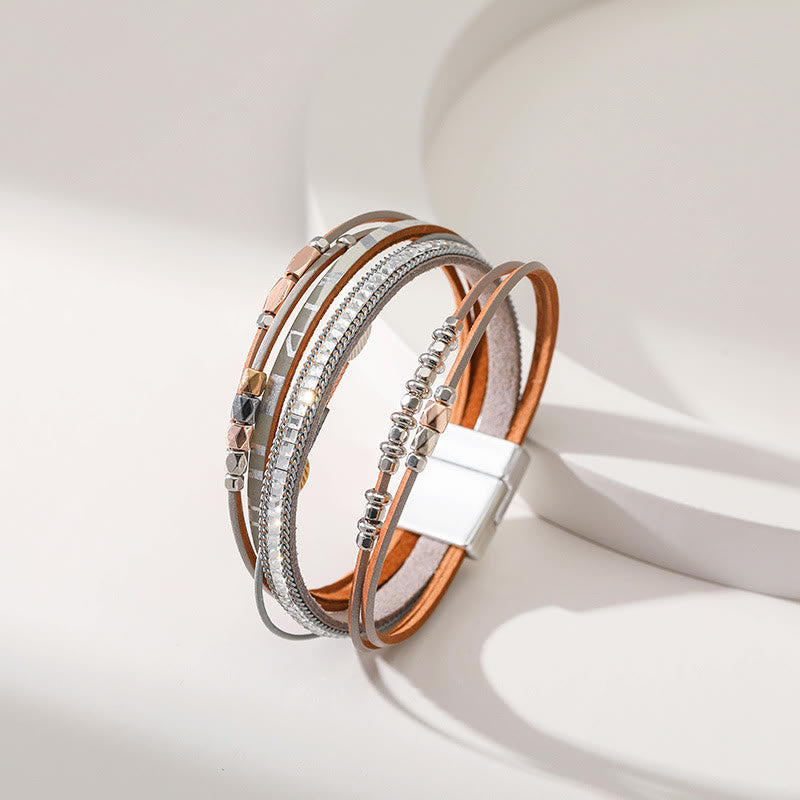 Olivenorma Hematite White Zircon Leaf Tiered Leather Bracelet - image 8