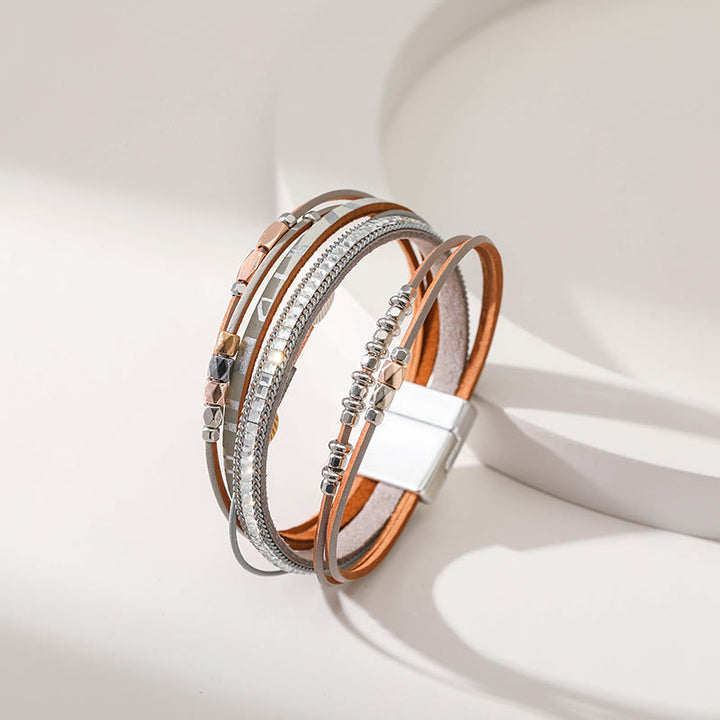 Olivenorma Hematite White Zircon Leaf Tiered Leather Bracelet - image 8