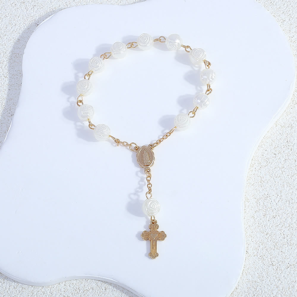 Olivenorma White Rose Flower Christianity Cross Rosary Bracelet - image 1