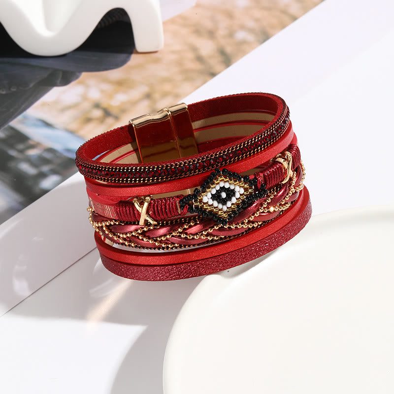 Olivenorma Zircon Rice Beads Woven Evil Eye Metal Wide Bracelet - Red&Evil Eye - image 5