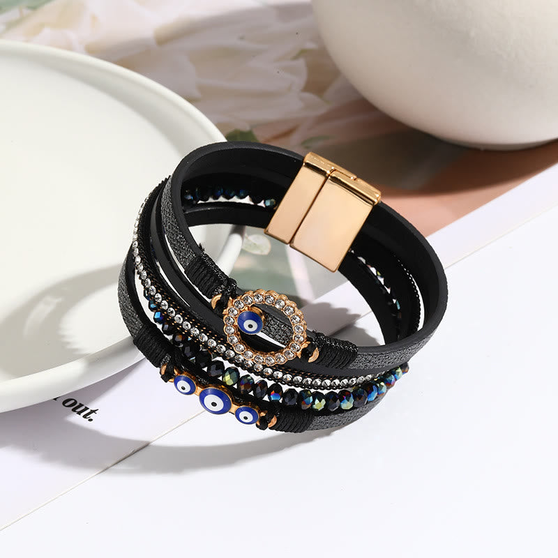 Olivenorma White Zircon Boho Evil Eye Metal Wide Leather Bracelet - Black&Evil Eye - image 4