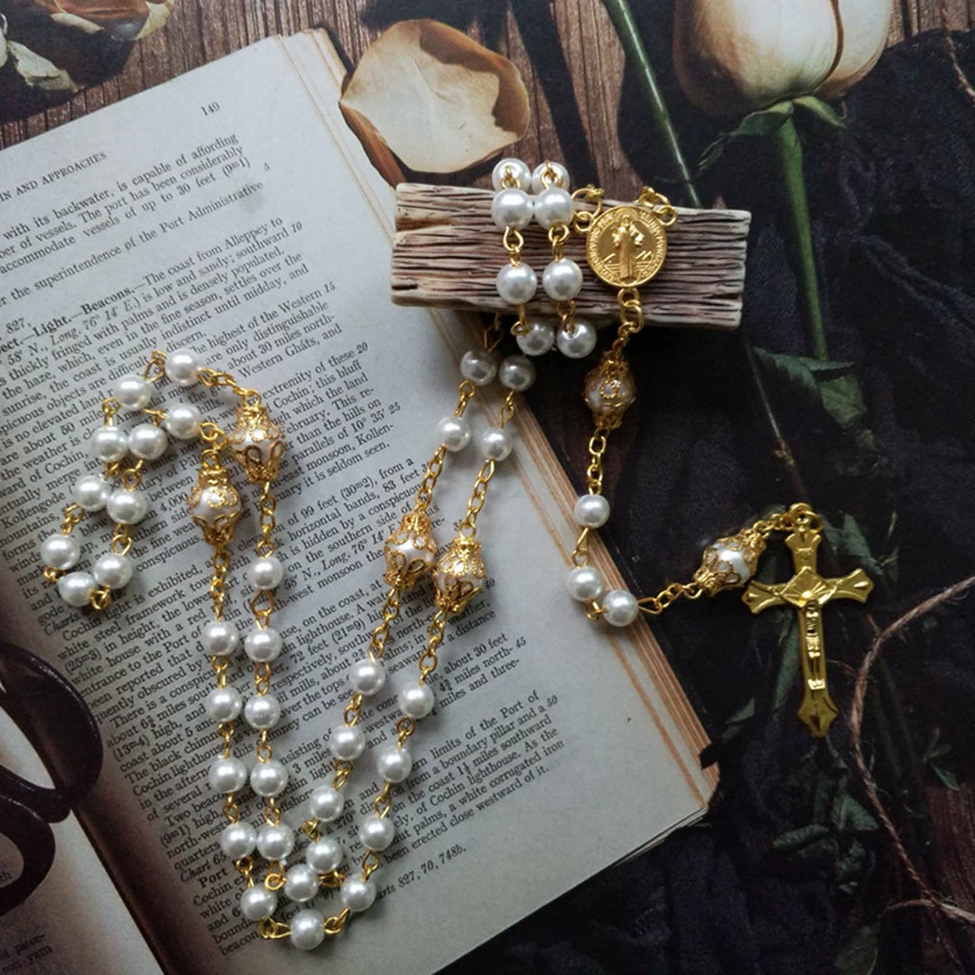 Olivenorma Faux Pearl Cross Pendant Rosary Beads Necklace - image 3