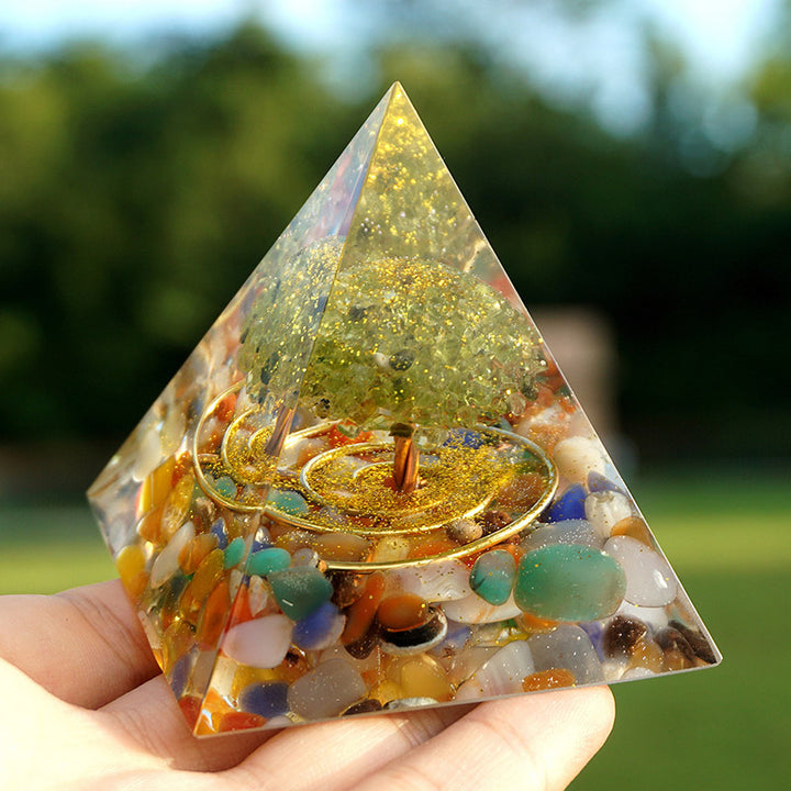 Olivenorma Fluorite With Peridot Tree Of Life Orgone Pyramid - image 1
