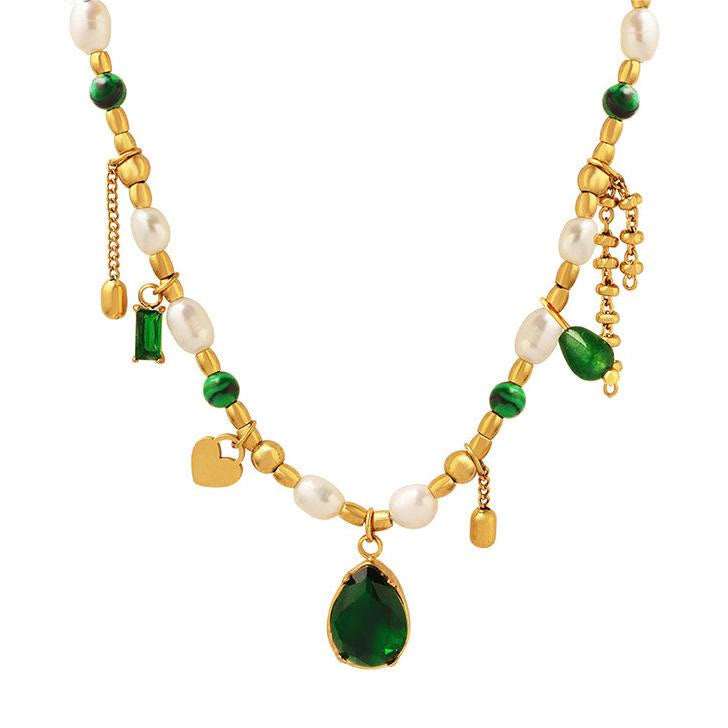 Olivenorma Emerald Pearl Beaded Non Fading Gold Necklace - Emerald&Pearl - image 0