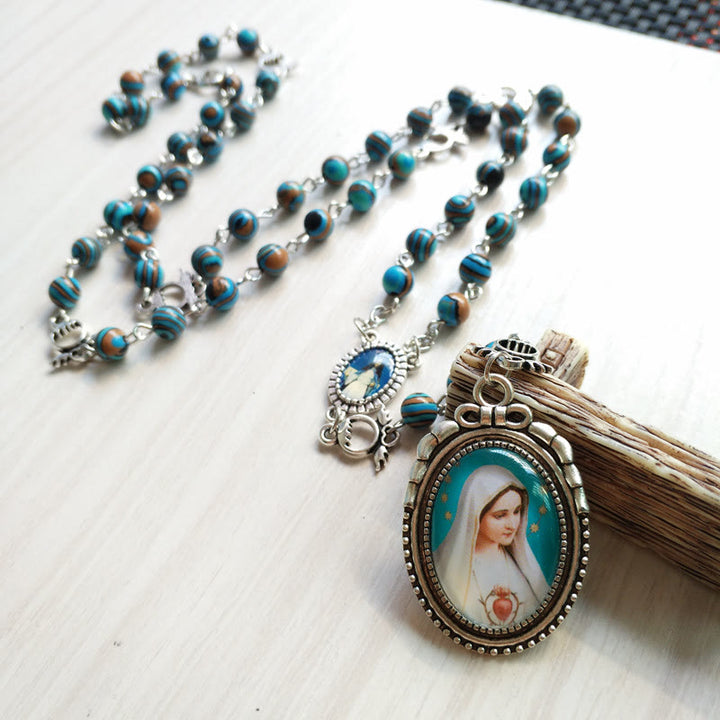 Olivenorma Azurite Malachite Lady Holy Medal Pendant Rosary Necklace - Azurite Malachite - image 0
