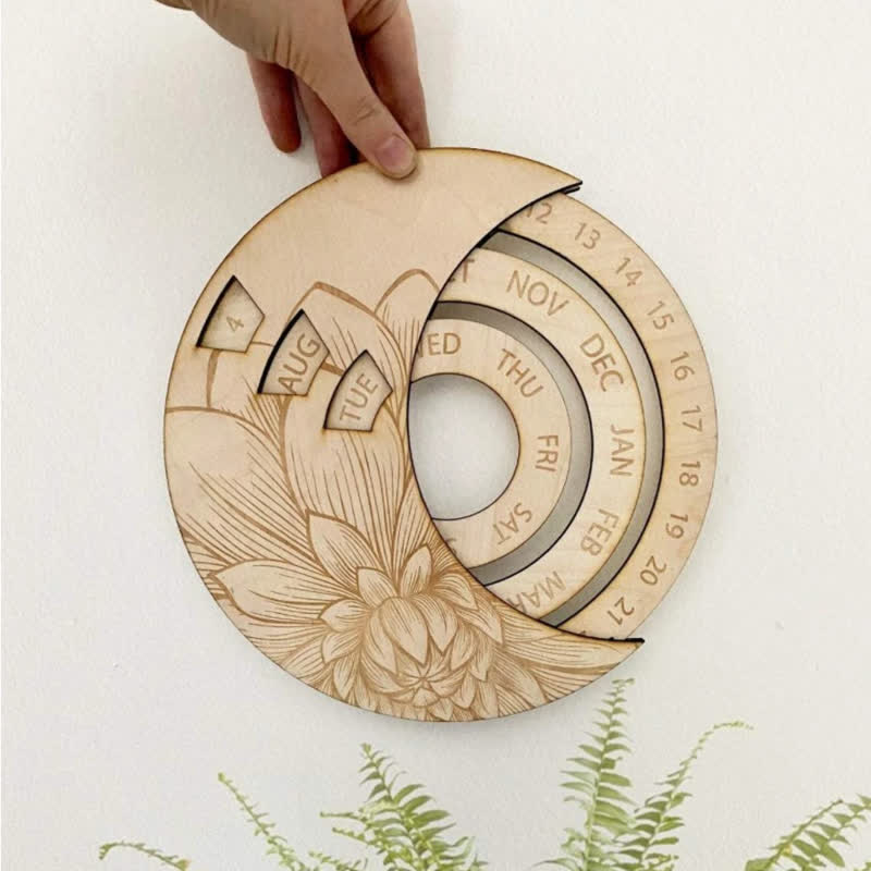 Olivenorma Circle Wooden Crescent Moon Perpetual Calendar Wall Decor - White - image 0